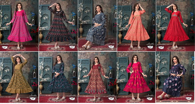 Avantika By Trendy 001 To 010Long Flair Anarkali  Kurtis Exporters In India
